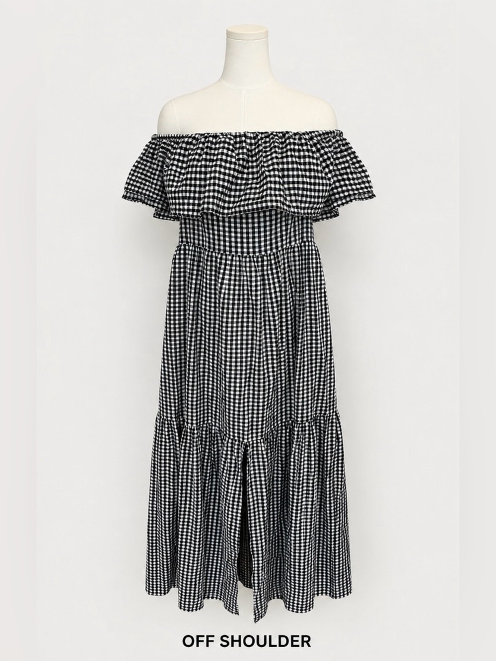 Chelsea28 Gingham Off Shoulder Ruffle Maxi Dress Black White Size 14